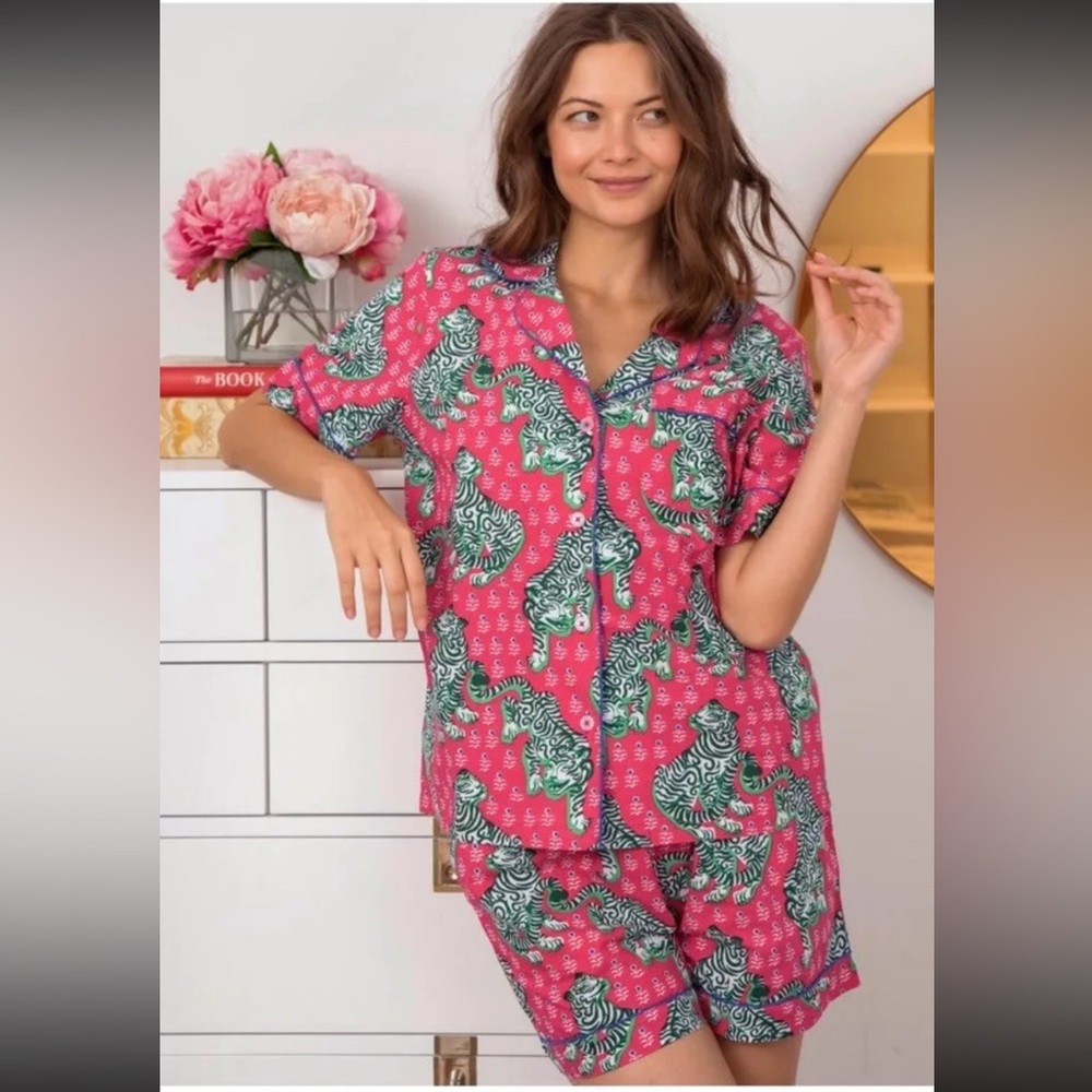 Anthropology print fresh Pink and Green Tiger Print Women's Pajama Set